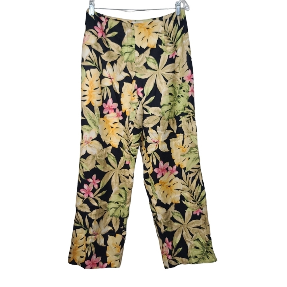 Talbots Floral Tropical Print Tan Yellow Green Pink Black Pure Silk Pants 8 - Picture 1 of 8